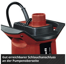 Gut erreichbarer Schlauchanschluss mit Gewinde an der Oberseite einer Einhell Pumpe.