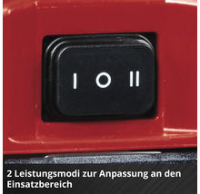 Kippschalter mit zwei Leistungsstufen (I, O, II) an einem roten Werkzeuggehäuse.