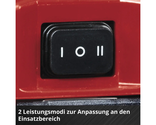 Kippschalter mit zwei Leistungsstufen (I, O, II) an einem roten Werkzeuggehäuse.