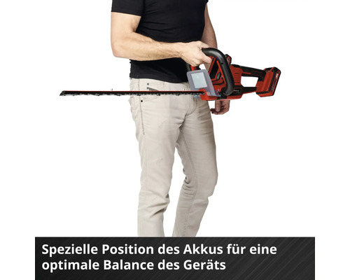 Einhell Akku-Heckenschere mit optimaler Balance durch die spezielle Position des Akkus am hinteren Griff.
