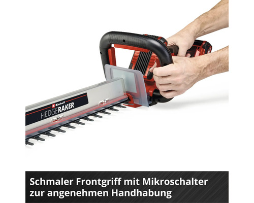 Einhell Heckenschere mit schmalem Frontgriff und Mikroschalter für eine komfortable Handhabung, demonstriert durch zwei Hände.