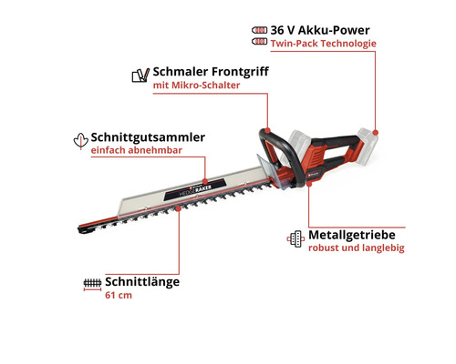 Einhell Akku-Heckenschere: 36 Volt Akku-Power, schmaler Frontgriff, abnehmbarer Schnittgutsammler, 61 Zentimeter Schnittlänge, Metallgetriebe.
