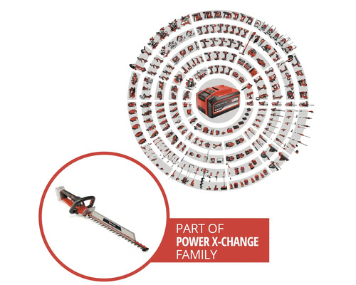 Einhell Akku-Heckenschere als Teil der Power X-Change Familie, kompatibel mit einer Vielzahl von Akku-Gartengeräten und Werkzeugen.