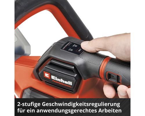Einhell Professional Gartengerät mit zweistufiger Geschwindigkeitsregulierung, einstellbar über ein Bedienfeld mit Eco- und Max-Modus.