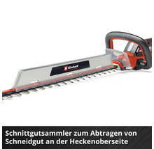 Einhell Heckenschere mit montiertem Schnittgutsammler auf dem Schwert zur einfachen Beseitigung von Schnittgut.