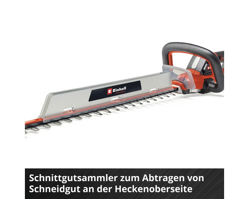 Einhell Heckenschere mit montiertem Schnittgutsammler auf dem Schwert zur einfachen Beseitigung von Schnittgut.