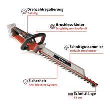 Einhell Akku-Heckenschere mit Detailbeschreibungen: bürstenloser Motor, 61 cm Schnittlänge, 2-stufige Drehzahlregulierung und Schnittgutsammler.