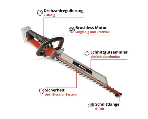 Einhell Akku-Heckenschere mit Detailbeschreibungen: bürstenloser Motor, 61 cm Schnittlänge, 2-stufige Drehzahlregulierung und Schnittgutsammler.
