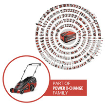 Einhell Power X-Change Akku-System mit einem Rasenmäher und einer Vielzahl an kompatiblen Werkzeugen und Gartengeräten.
