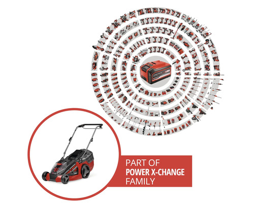 Einhell Power X-Change Akku-System mit einem Rasenmäher und einer Vielzahl an kompatiblen Werkzeugen und Gartengeräten.