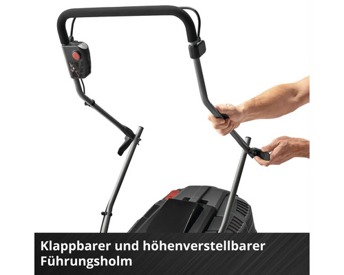 Rasenmäher mit klappbarem und höhenverstellbarem Führungsholm, der manuell eingestellt wird.