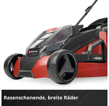 Einhell Rasenmäher mit breiten, rasenschonenden Rädern für eine schonende Rasenpflege.
