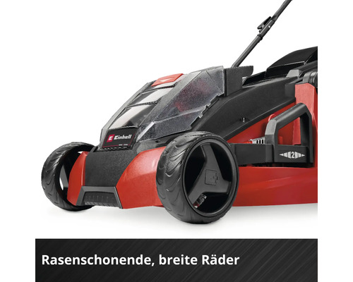 Einhell Rasenmäher mit breiten, rasenschonenden Rädern für eine schonende Rasenpflege.
