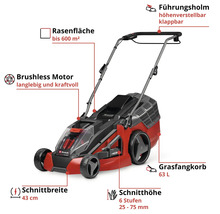 Einhell Akku-Rasenmäher mit bürstenlosem Motor, 43 Zentimeter Schnittbreite, 63 Liter Grasfangkorb, für Flächen bis 600 Quadratmeter.