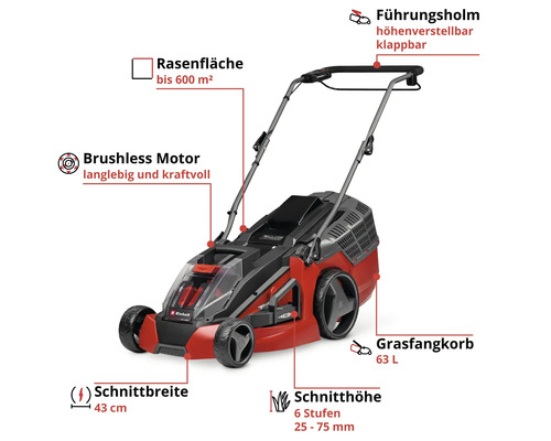 Einhell Akku-Rasenmäher mit bürstenlosem Motor, 43 Zentimeter Schnittbreite, 63 Liter Grasfangkorb, für Flächen bis 600 Quadratmeter.