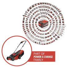 Einhell Akku-Rasenmäher als Teil der Power X-Change Familie mit einer Übersicht kompatibler Werkzeuge und Gartengeräte.