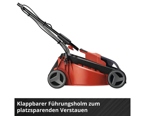 Rasenmäher von der Seite gezeigt mit eingeklapptem Führungsholm zur platzsparenden Aufbewahrung.