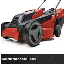 Einhell Rasenmäher mit großen, rasenschonenden Rädern.