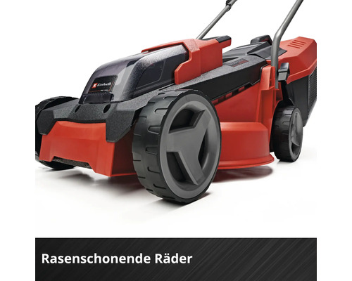Einhell Rasenmäher mit großen, rasenschonenden Rädern.