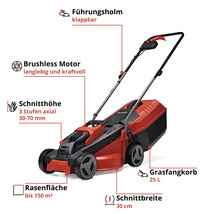 Einhell Akku-Rasenmäher mit bürstenlosem Motor, 30 Zentimeter Schnittbreite, 25 Liter Grasfangkorb und klappbarem Holm für bis zu 150 Quadratmeter.