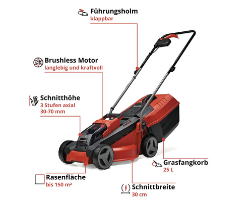 Einhell Akku-Rasenmäher mit bürstenlosem Motor, 30 Zentimeter Schnittbreite, 25 Liter Grasfangkorb und klappbarem Holm für bis zu 150 Quadratmeter.