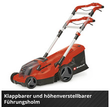 Einhell Akku Rasenmäher mit klappbarem und höhenverstellbarem Führungsholm und Fangkorb.
