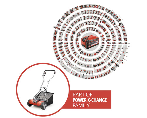Einhell Akku-Vertikutierer-Lüfter als Teil der Power X-Change Werkzeug- und Gartengerätefamilie.