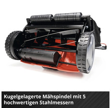 Unterseite eines Handrasenmähers mit kugelgelagerter Mähspindel, fünf Stahlmessern und profilierten Rädern.