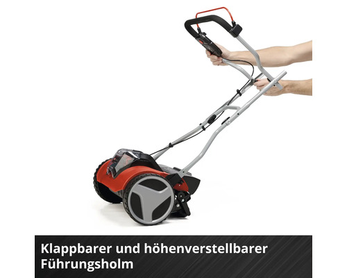 Rasenmäher mit klappbarem und höhenverstellbarem Führungsholm, der mit den Händen eingestellt wird.