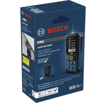 Bosch Professional Laser Entfernungsmesser GLM 100-36 CG in der Verpackung mit Schutztasche, Batterien und Trageschlaufe.
