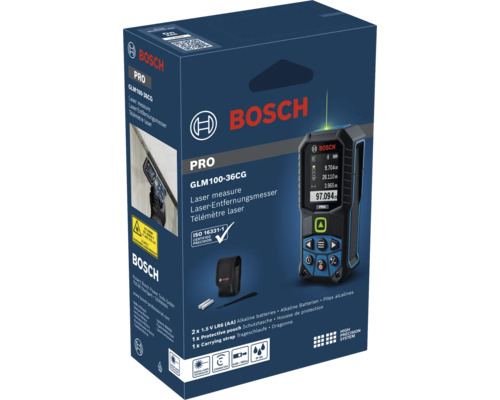 Bosch Professional Laser Entfernungsmesser GLM 100-36 CG in der Verpackung mit Schutztasche, Batterien und Trageschlaufe.
