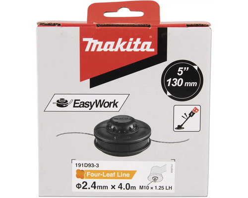 Verpackung von Makita Fadenkopf EasyWork mit einem Durchmesser von 130 Millimetern und einer Fadenstärke von 2,4 Millimetern.