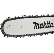 Eine Makita Kettensägenschiene mit montierter Sägekette im Detail.
