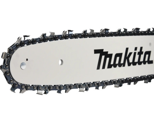 Eine Makita Kettensägenschiene mit montierter Sägekette im Detail.