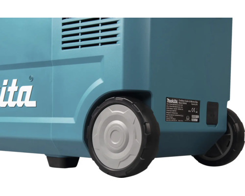Makita Akku Kuehl und Waermebox mit Raedern und Typenschild