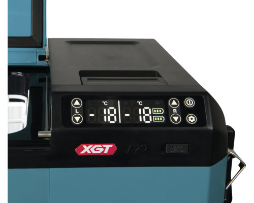Bedienfeld einer Makita Akku-Kühlbox mit Digitalanzeige und Temperaturregelung.