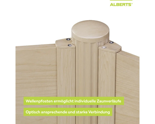 Alberts Zaunverbindung mit Wellenpfosten für variable Winkel und stabile Befestigung von Zaunelementen.