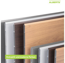 Alberts Sichtschutzzaun-Paneele in verschiedenen Ausführungen wie Holzoptik und modernen Farben. Alberts Logo.