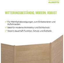Infografik für Alberts Sichtschutz: witterungsbeständig, modern, robust, für Mehrfachabzweigungen, zum Einbetonieren und Aufschrauben.