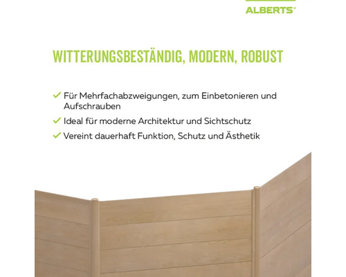Infografik für Alberts Sichtschutz: witterungsbeständig, modern, robust, für Mehrfachabzweigungen, zum Einbetonieren und Aufschrauben.