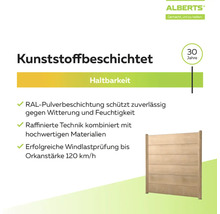 Alberts Infografik: Kunststoffbeschichteter Zaun mit 30 Jahren Haltbarkeit, witterungsbeständig und windgeprüft bis 120 Kilometer pro Stunde.