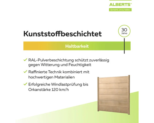 Alberts Infografik: Kunststoffbeschichteter Zaun mit 30 Jahren Haltbarkeit, witterungsbeständig und windgeprüft bis 120 Kilometer pro Stunde.