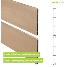 Alberts Aluminium-Steckzaun-Profil in Holzoptik mit Feder und Nut, schematische Darstellung des Stecksystems.