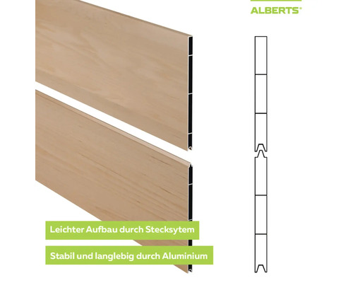 Alberts Aluminium-Steckzaun-Profil in Holzoptik mit Feder und Nut, schematische Darstellung des Stecksystems.