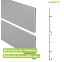 Alberts Aluminium-Profilzaun mit einfachem Stecksystem für stabilen Aufbau, inklusive schematischer Darstellung der Nut-Feder-Verbindung.