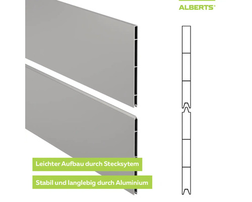 Alberts Aluminium-Profilzaun mit einfachem Stecksystem für stabilen Aufbau, inklusive schematischer Darstellung der Nut-Feder-Verbindung.