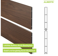 Alberts Aluminium-Profilbretter in Holzoptik mit Stecksystem, schematische Darstellung der Nut-und-Feder-Verbindung für einfachen Aufbau.