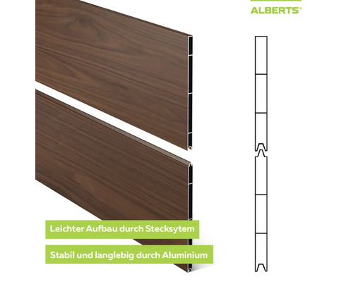 Alberts Aluminium-Profilbretter in Holzoptik mit Stecksystem, schematische Darstellung der Nut-und-Feder-Verbindung für einfachen Aufbau.