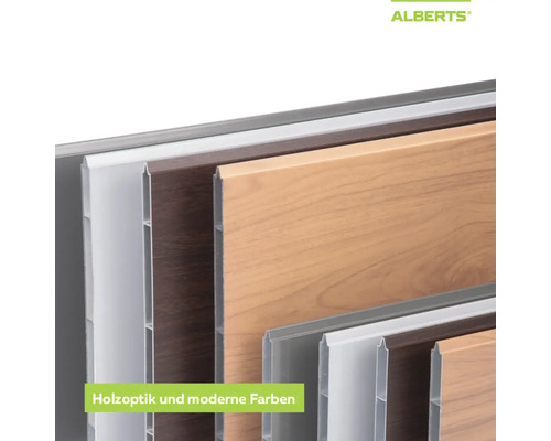 Alberts Sichtschutzprofile aus Kunststoff in verschiedenen Holzoptiken und modernen Designs für Zaunanlagen.