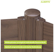 Alberts Wellenpfosten für Sichtschutzzäune in Holzoptik mit runder Pfostenkappe und stabilen Verbindungen.